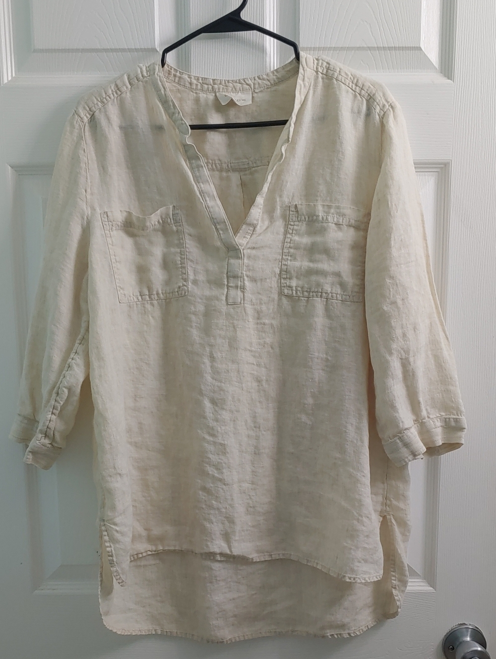 Boho Sandstone Beige Linen Shirt Coastal Relaxed Fit 3/4 Sleeves Women's Size L